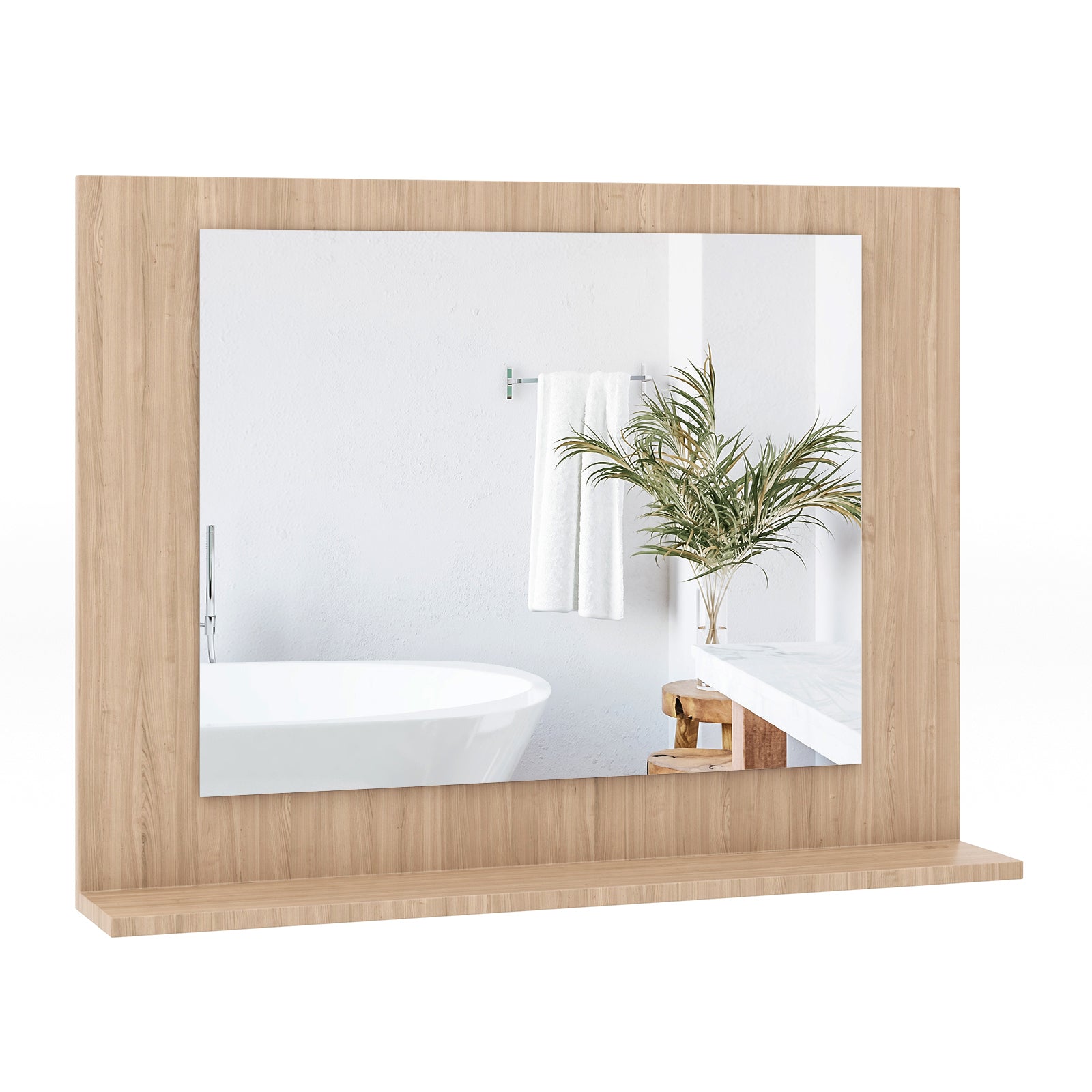Rectangle Bathroom Mirror With Shelf, 23.5 x 17.5 Inch, Wood Frame, Brown Wall Mirrors at Gallery Canada