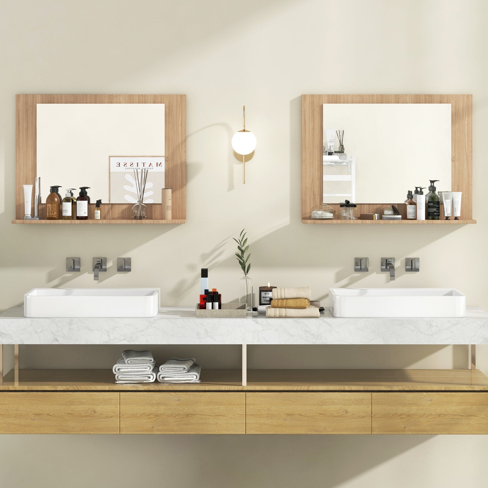 Rectangle Bathroom Mirror with Shelf 23.5 x 17.5 Inch and Wood Frame, Brown Wall Mirrors at Gallery Canada