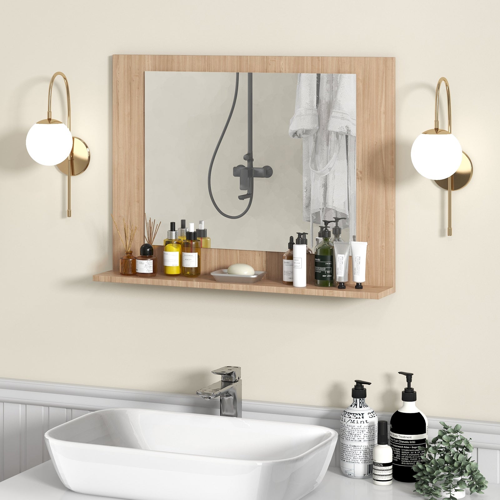 Rectangle Bathroom Mirror with Shelf 23.5 x 17.5 Inch and Wood Frame, Brown Wall Mirrors at Gallery Canada
