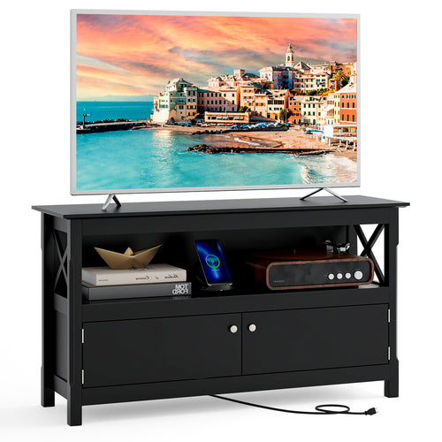 TV Stand Entertainment Center with Charging Station for TVs up to 50 Inch, Black