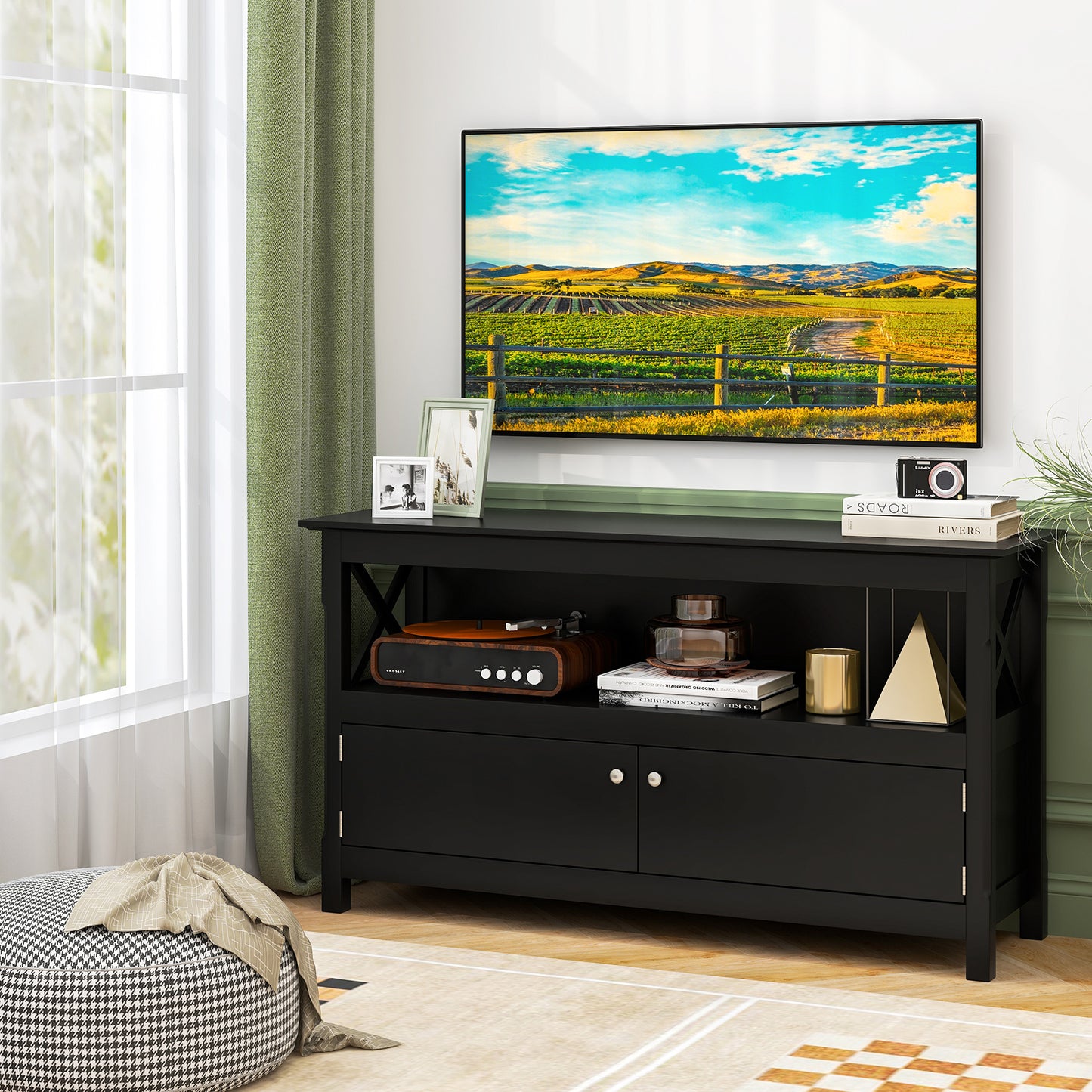 TV Stand Entertainment Center with Charging Station for TVs up to 50 Inch, Black Entertainment Centers & TV Stands at Gallery Canada