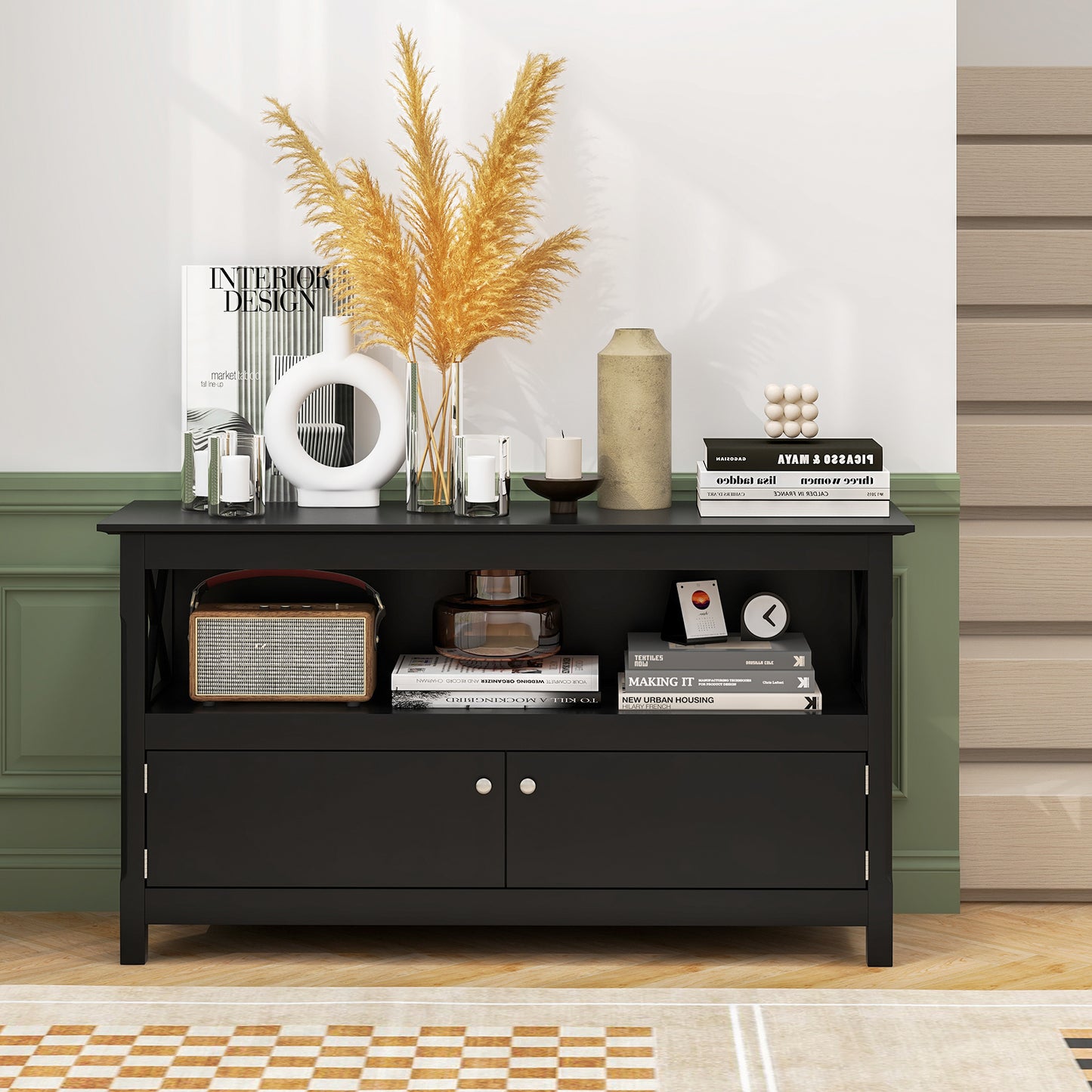 TV Stand Entertainment Center with Charging Station for TVs up to 50 Inch, Black Entertainment Centers & TV Stands at Gallery Canada