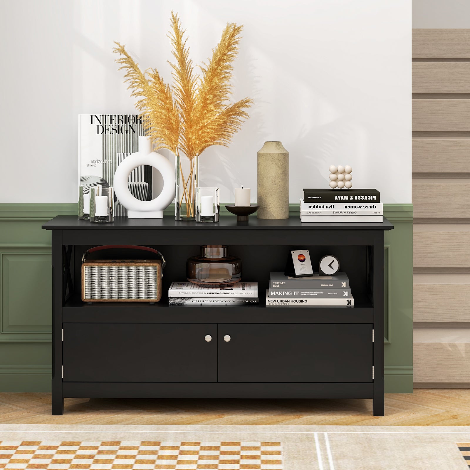 TV Stand Entertainment Center with Charging Station for TVs up to 50 Inch, Black Entertainment Centers & TV Stands at Gallery Canada