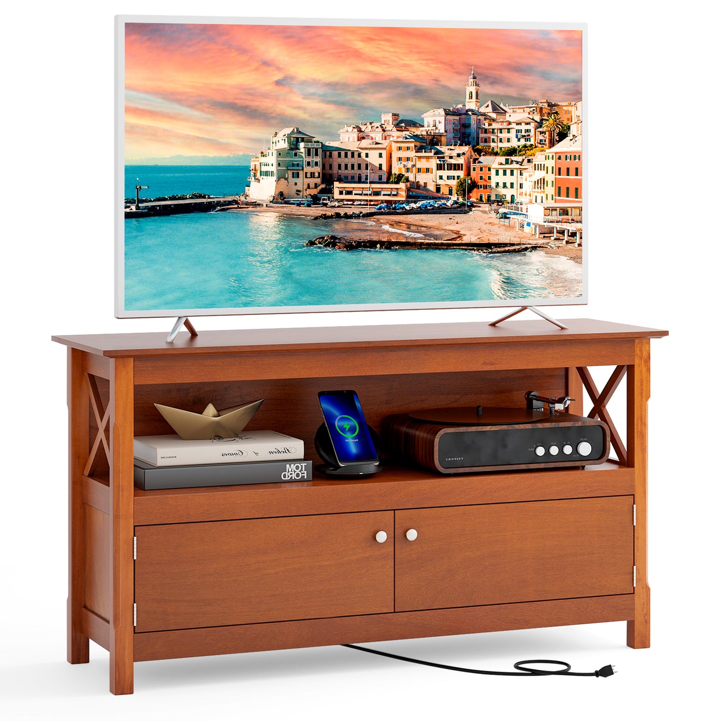 TV Stand Entertainment Center with Charging Station for TVs up to 50 Inch, Brown Entertainment Centers & TV Stands Brown at Gallery Canada