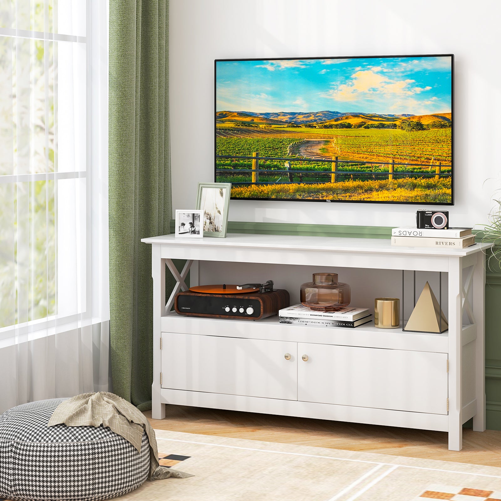 TV Stand Entertainment Center with Charging Station for TVs up to 50 Inch, White Entertainment Centers & TV Stands at Gallery Canada