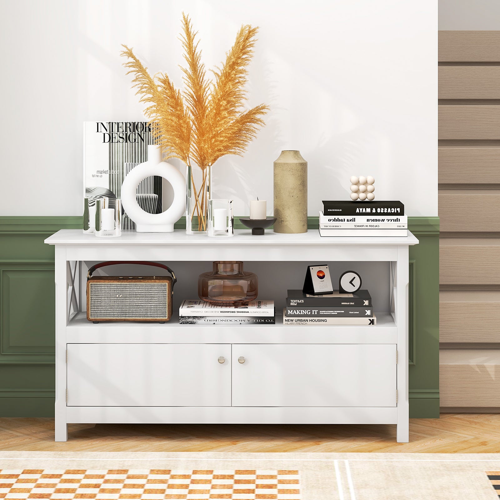 TV Stand Entertainment Center with Charging Station for TVs up to 50 Inch, White Entertainment Centers & TV Stands at Gallery Canada