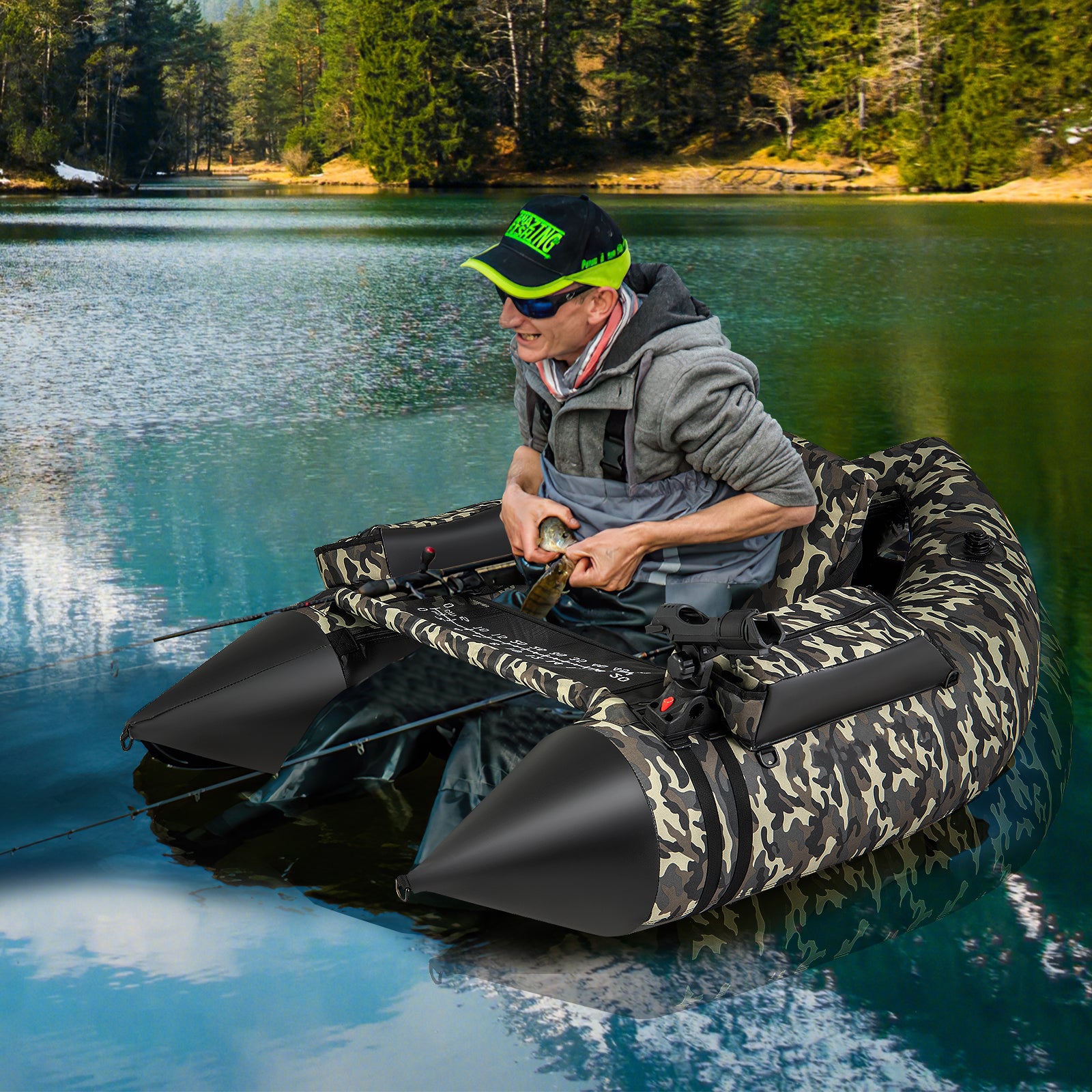 350 LBS Inflatable Fishing Float Tube with Adjustable Backrest and Backpack Straps, Camouflage Water Sports at Gallery Canada