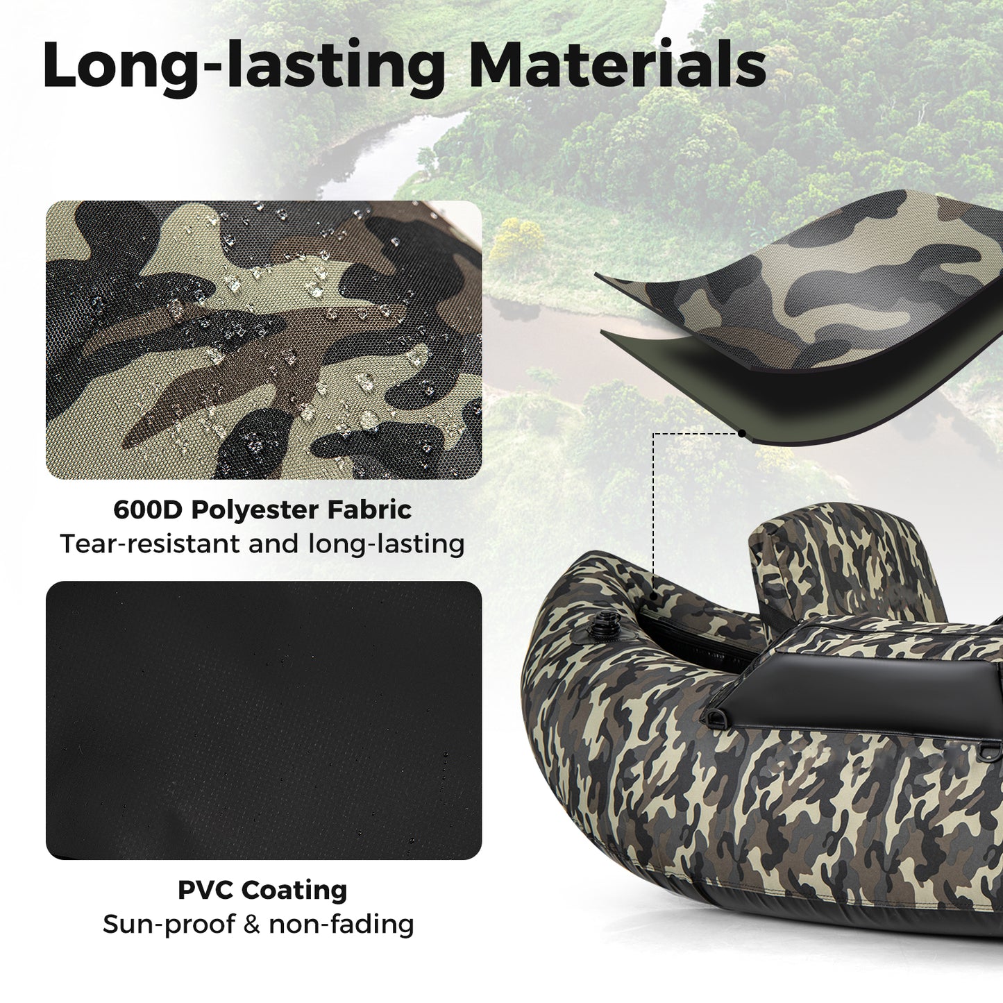 350 LBS Inflatable Fishing Float Tube with Adjustable Backrest and Backpack Straps, Camouflage Water Sports at Gallery Canada