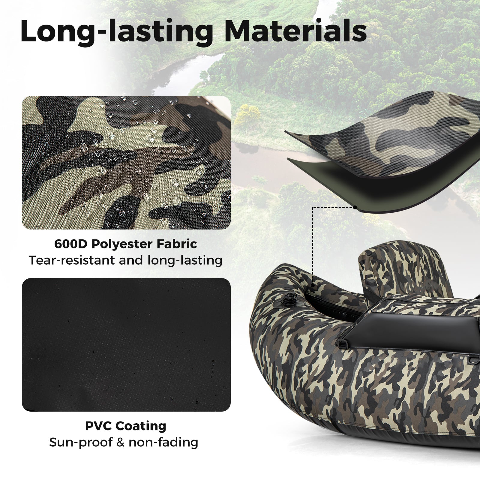 Inflatable Fishing Float Tube, 350 LBS, Adjustable Backrest, Camouflage Water Sports at Gallery Canada