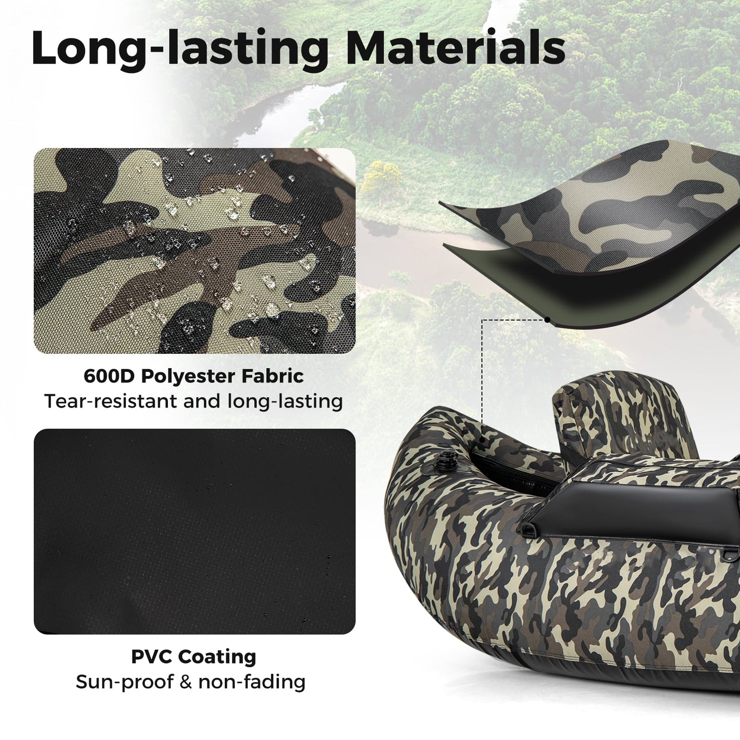Inflatable Fishing Float Tube, 350 LBS, Adjustable Backrest, Camouflage Water Sports at Gallery Canada