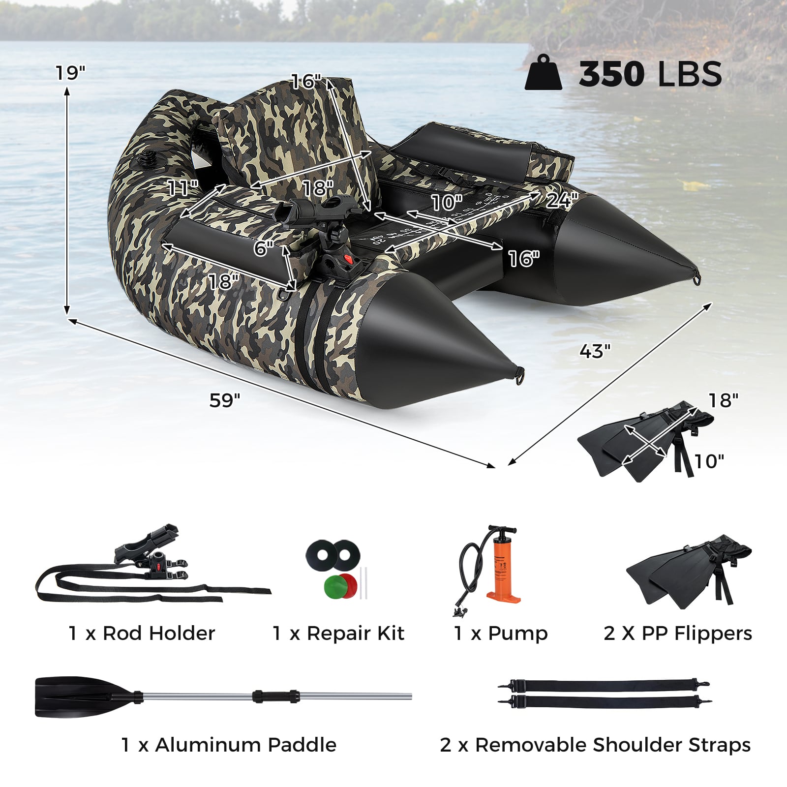 Inflatable Fishing Float Tube, 350 LBS, Adjustable Backrest, Camouflage Water Sports at Gallery Canada