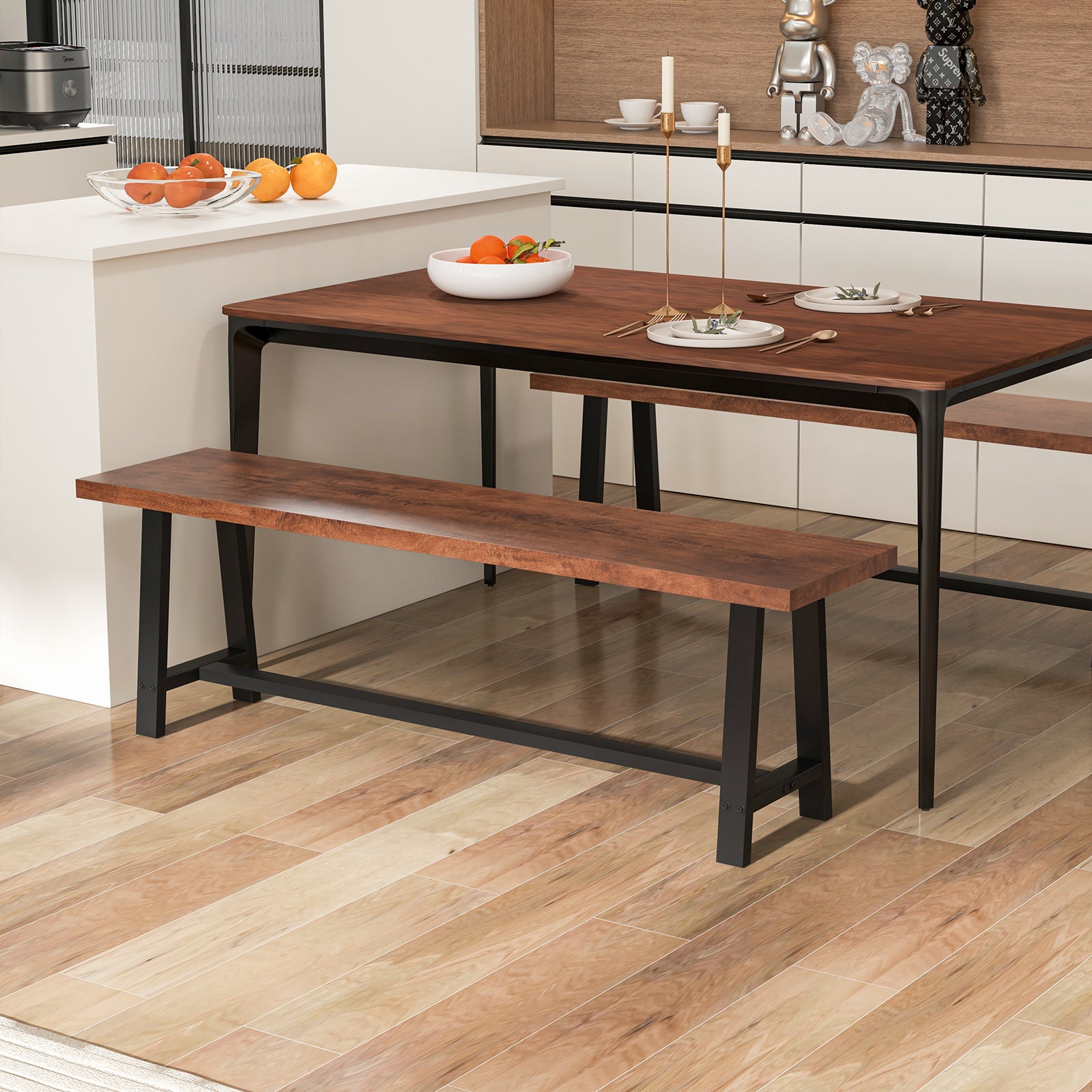 60 Inch Dining Bench, 3 Person, Walnut, Metal Frame Dining Chairs at Gallery Canada