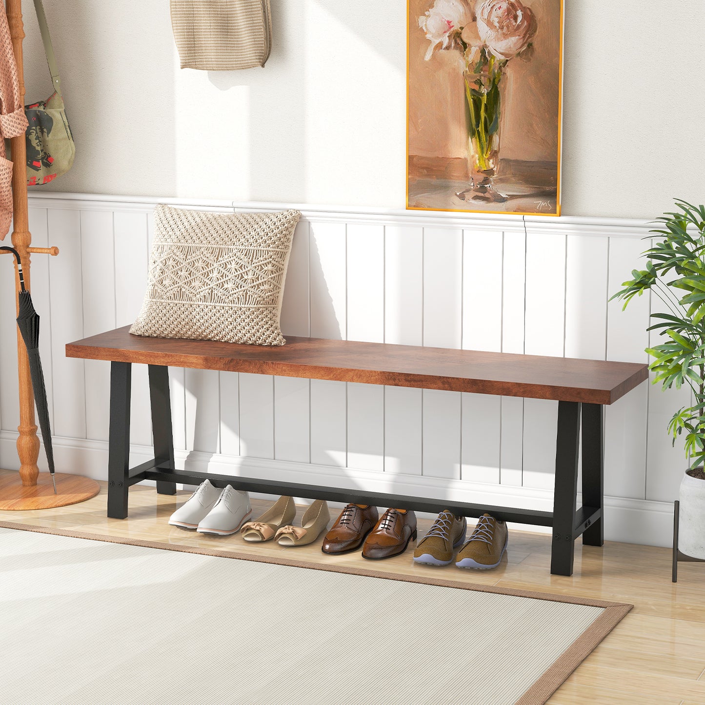 60 Inch Dining Bench, 3 Person, Walnut, Metal Frame Dining Chairs at Gallery Canada