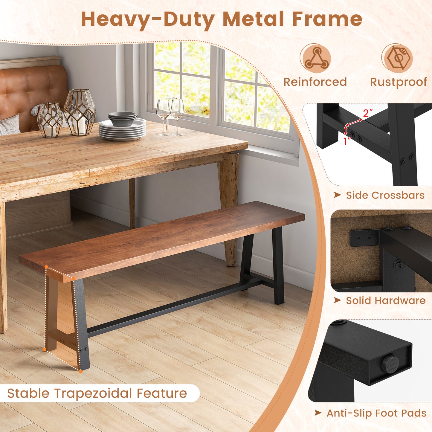 60 Inch Dining Bench, 3 Person, Walnut, Metal Frame Dining Chairs at Gallery Canada