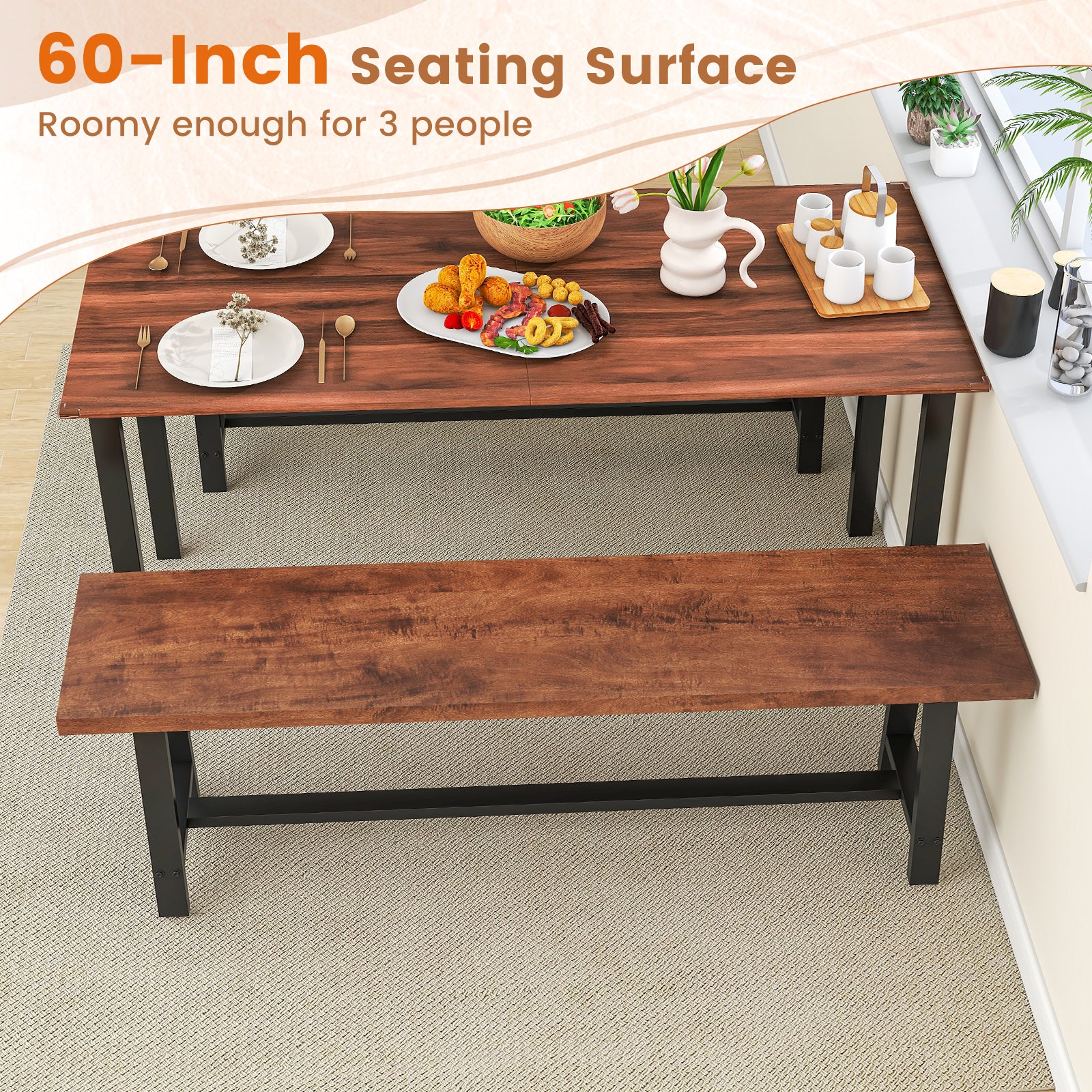 60 Inch Dining Bench, 3 Person, Walnut, Metal Frame Dining Chairs at Gallery Canada