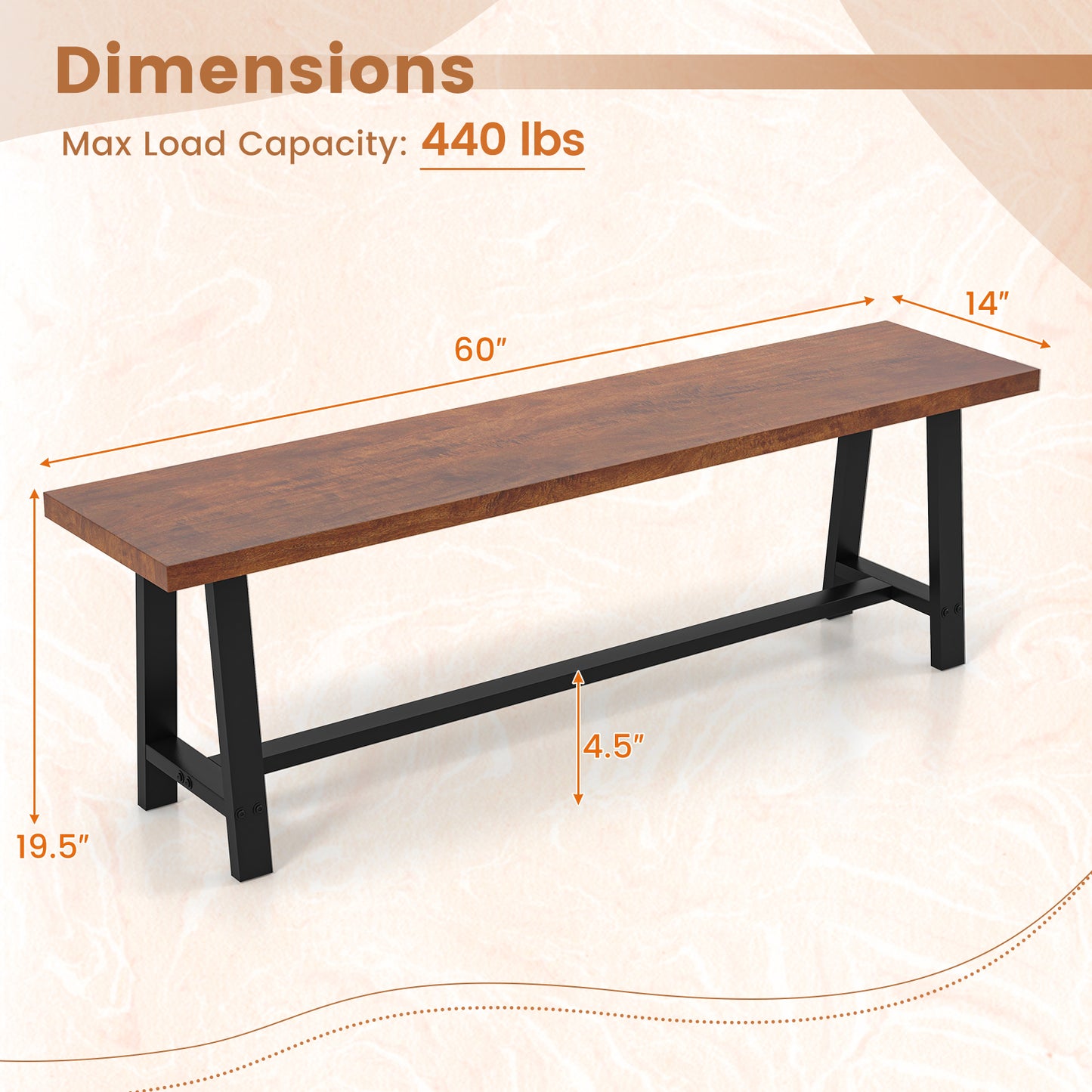 60 Inch Dining Bench, 3 Person, Walnut, Metal Frame Dining Chairs at Gallery Canada