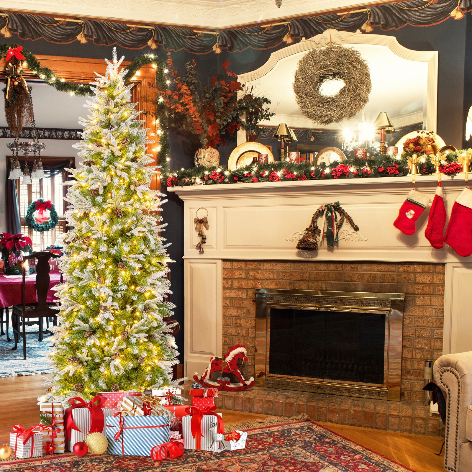 6/7.5/9 Feet Pre-Lit Artificial Christmas Tree Snow Flocked Hinged-7.5 Feet, Green Christmas Tree at Gallery Canada