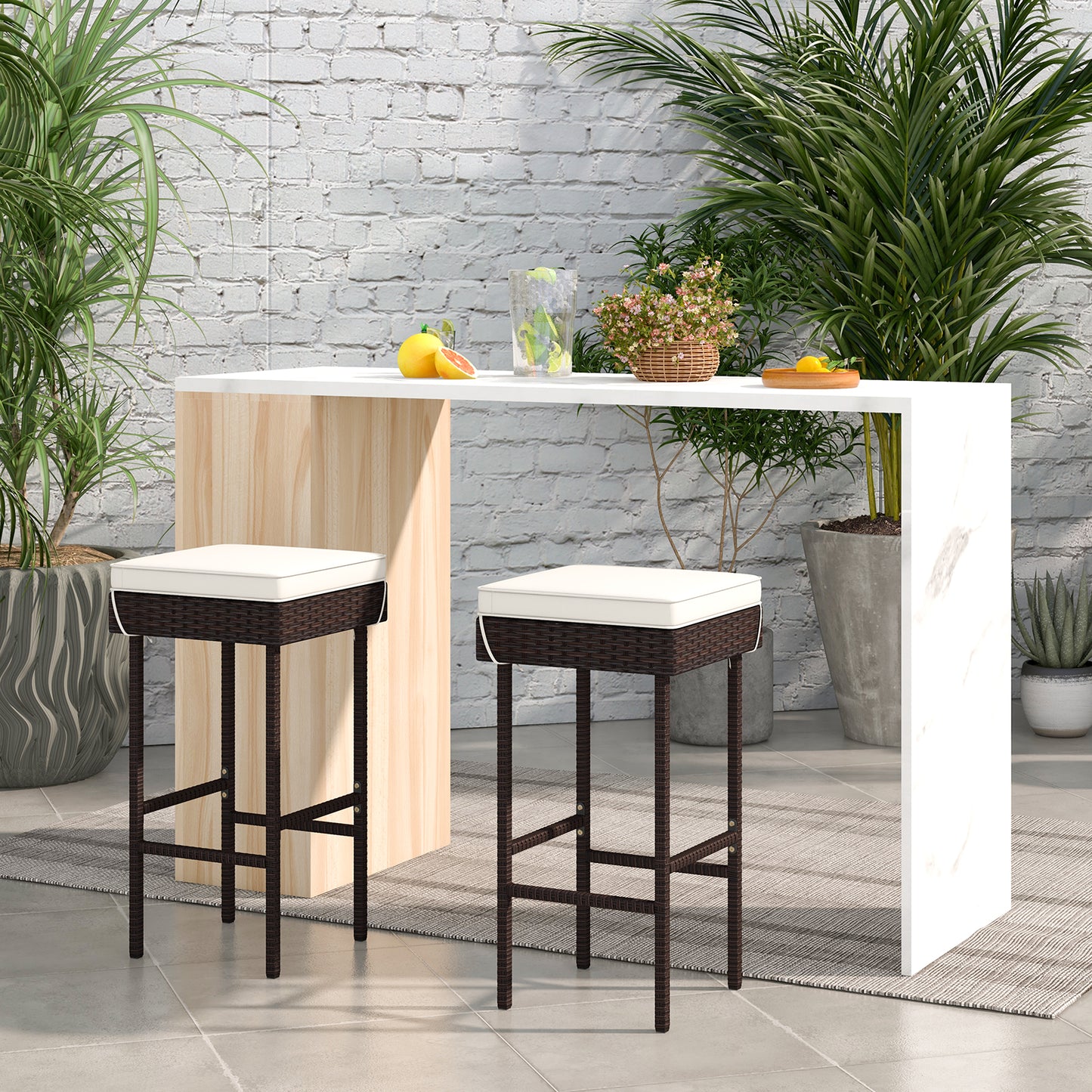 Patio Rattan Barstools Set of 2/4 with Footrest and Soft Cushions for Backyard Balcony-2 Pieces, Off White Patio Bar Furniture at Gallery Canada