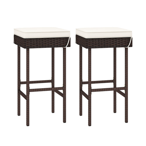 Patio Rattan Barstools Set of 2/4 with Footrest and Soft Cushions for Backyard Balcony-2 Pieces, Off White