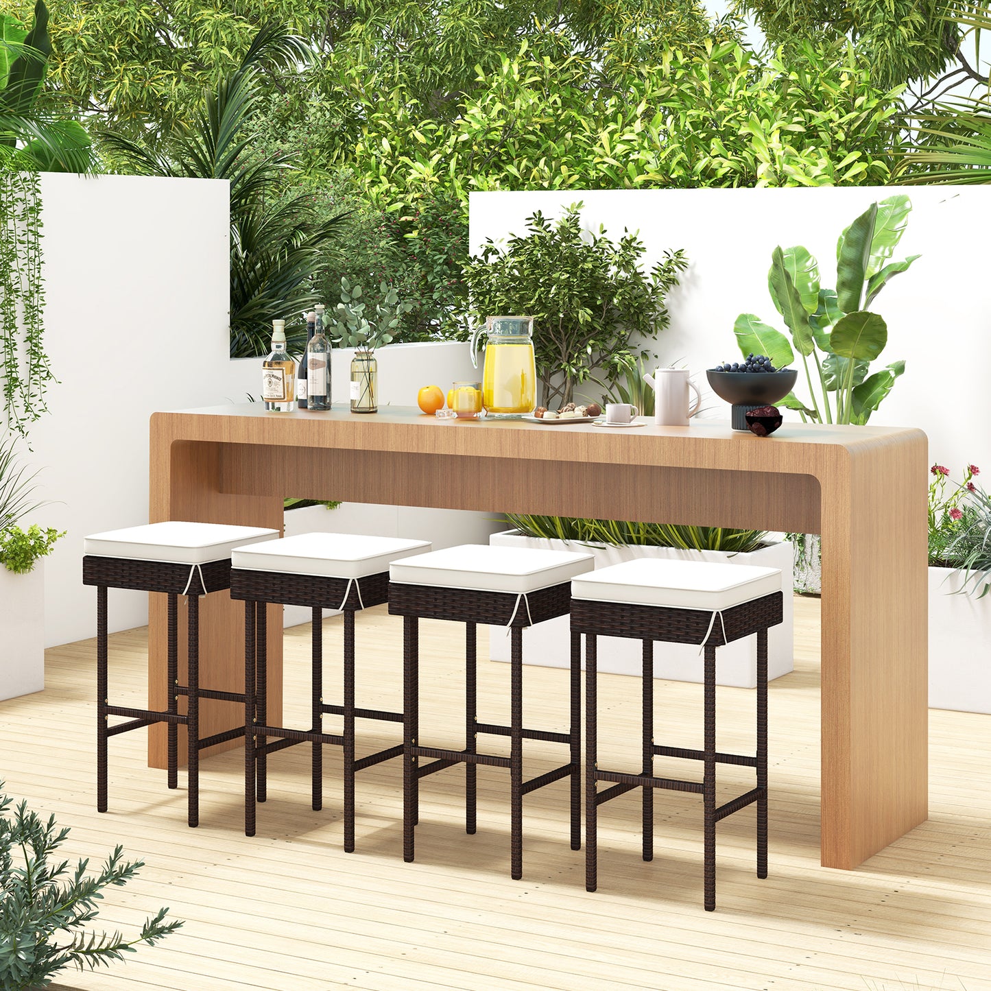 Patio Rattan Barstools Set of 2/4 with Footrest and Soft Cushions for Backyard Balcony-2 Pieces, Off White Patio Bar Furniture at Gallery Canada