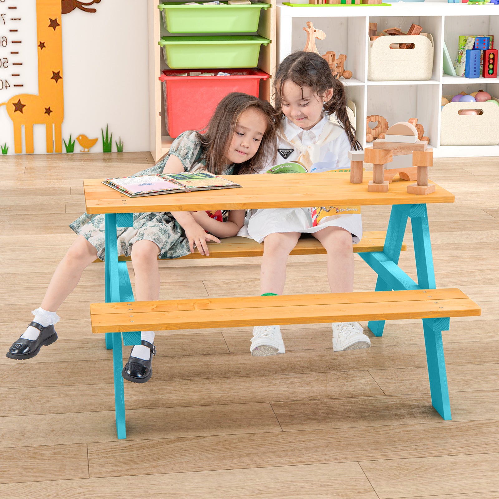 Children Outdoor Wooden Table with Bench Seats for Indoor and Outdoor Use, Natural Kids Table & Chair Sets at Gallery Canada
