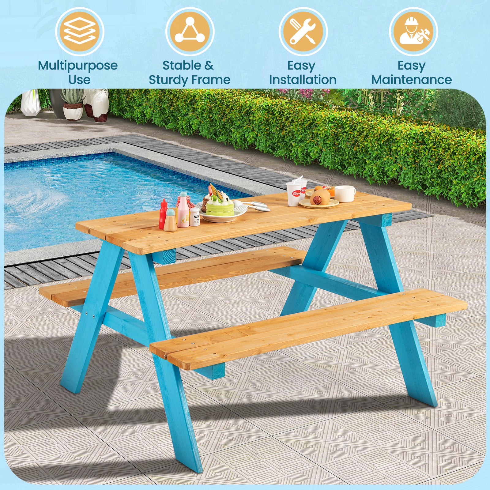 Children Outdoor Wooden Table with Bench Seats for Indoor and Outdoor Use, Natural Kids Table & Chair Sets at Gallery Canada