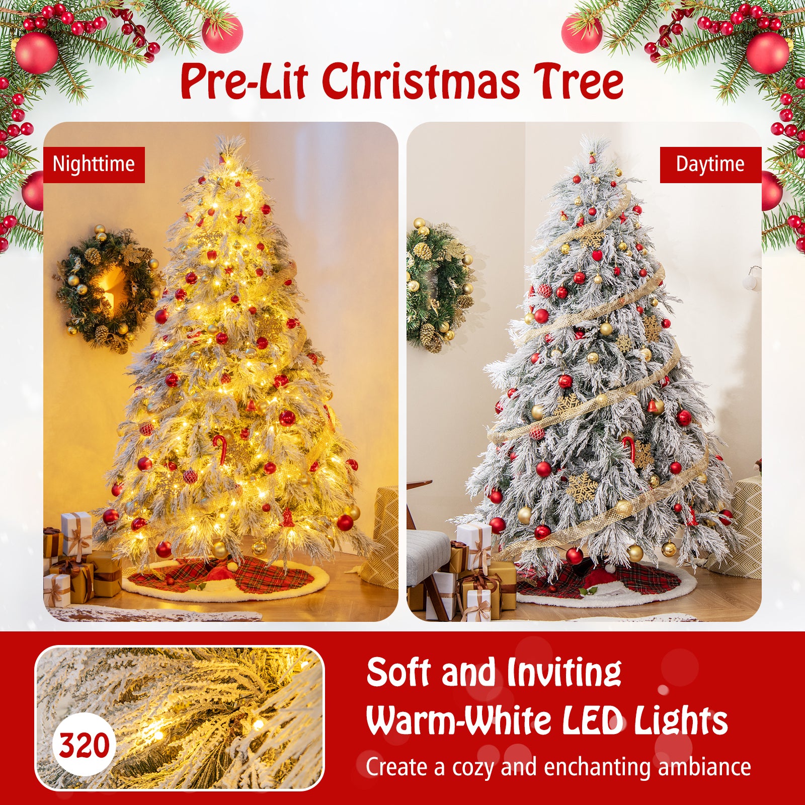 7 Feet Pre-Lit Snow Flocked Christmas Tree with Warm White LED Lights-7 ft, White Christmas Tree at Gallery Canada