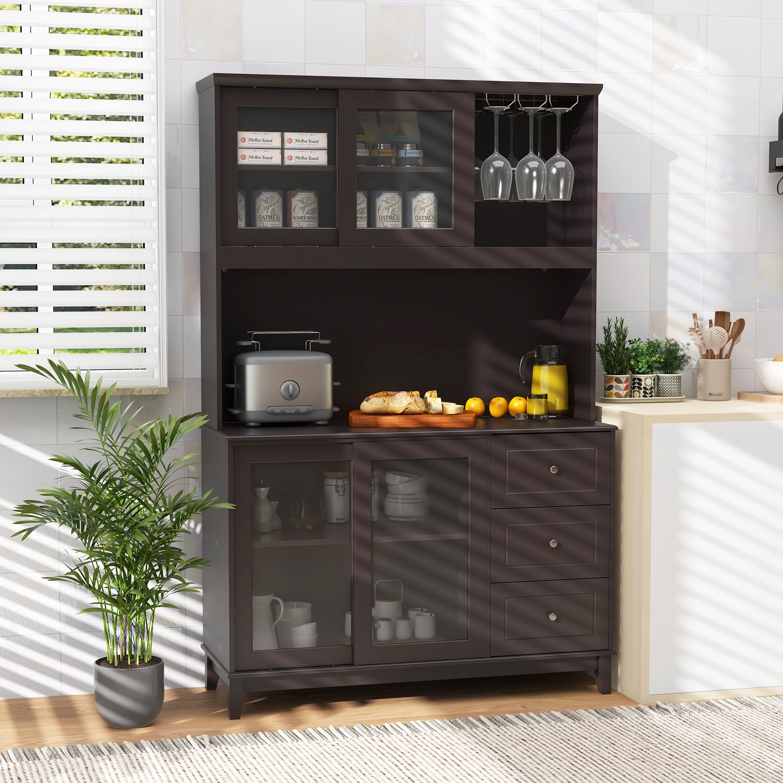 Kitchen Pantry Storage Cabinet Kitchen Hutch with LED lights and Power Outlet, Deep Brown Sideboards Cabinets & Buffets at Gallery Canada