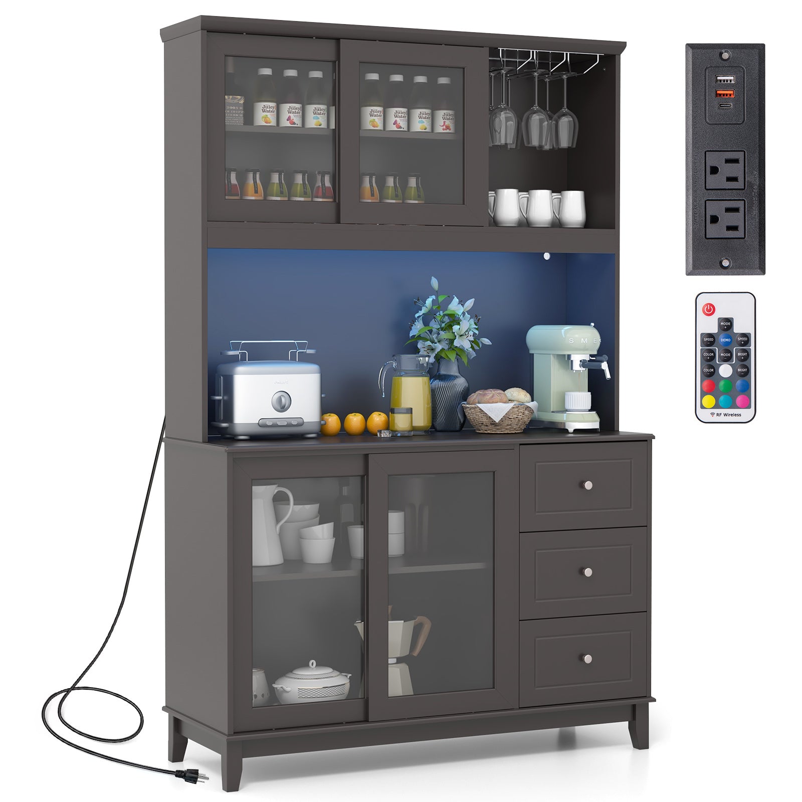 Kitchen Pantry Storage Cabinet Kitchen Hutch with LED lights and Power Outlet, Deep Brown Sideboards Cabinets & Buffets at Gallery Canada
