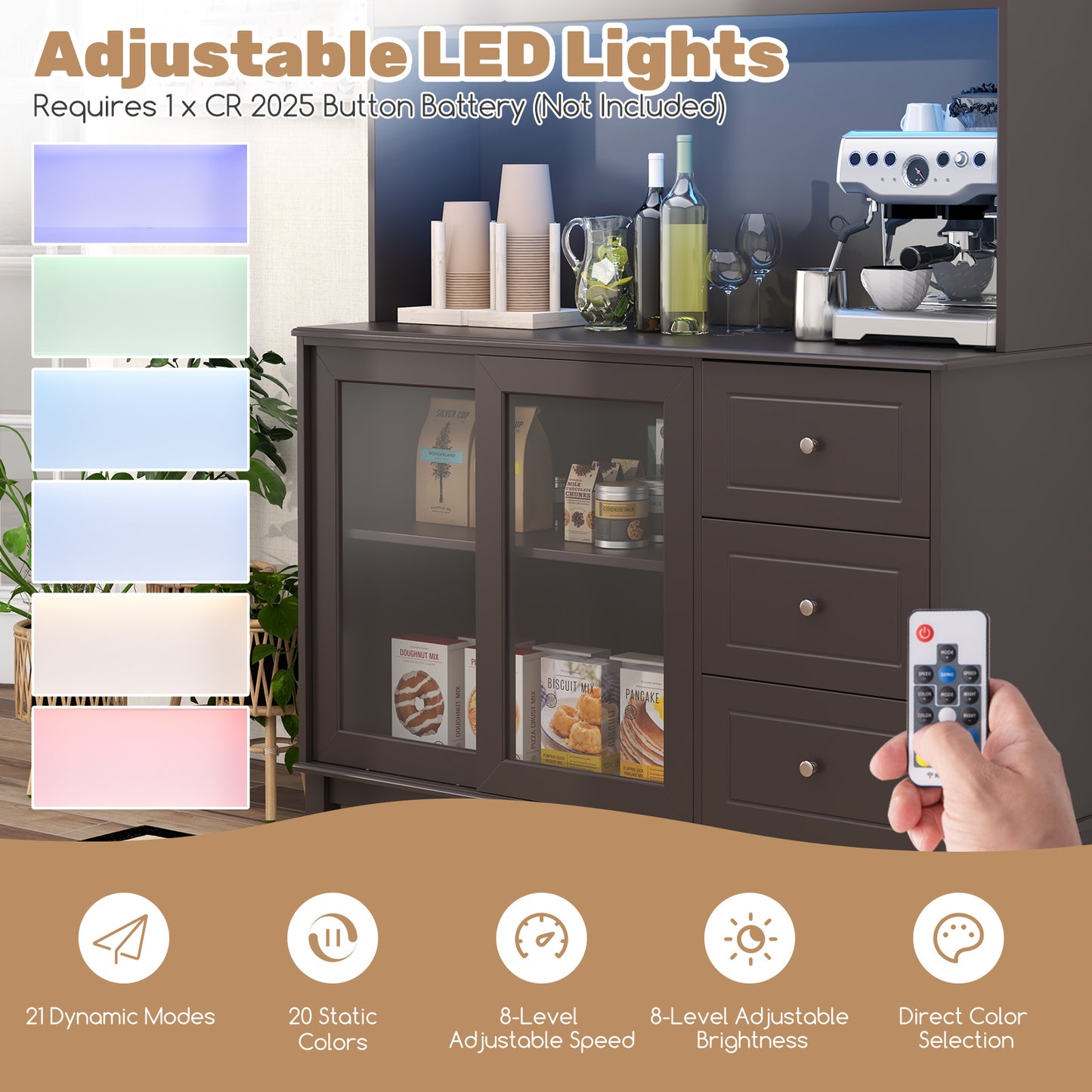 Kitchen Pantry Storage Cabinet Kitchen Hutch with LED lights and Power Outlet, Deep Brown Sideboards Cabinets & Buffets at Gallery Canada