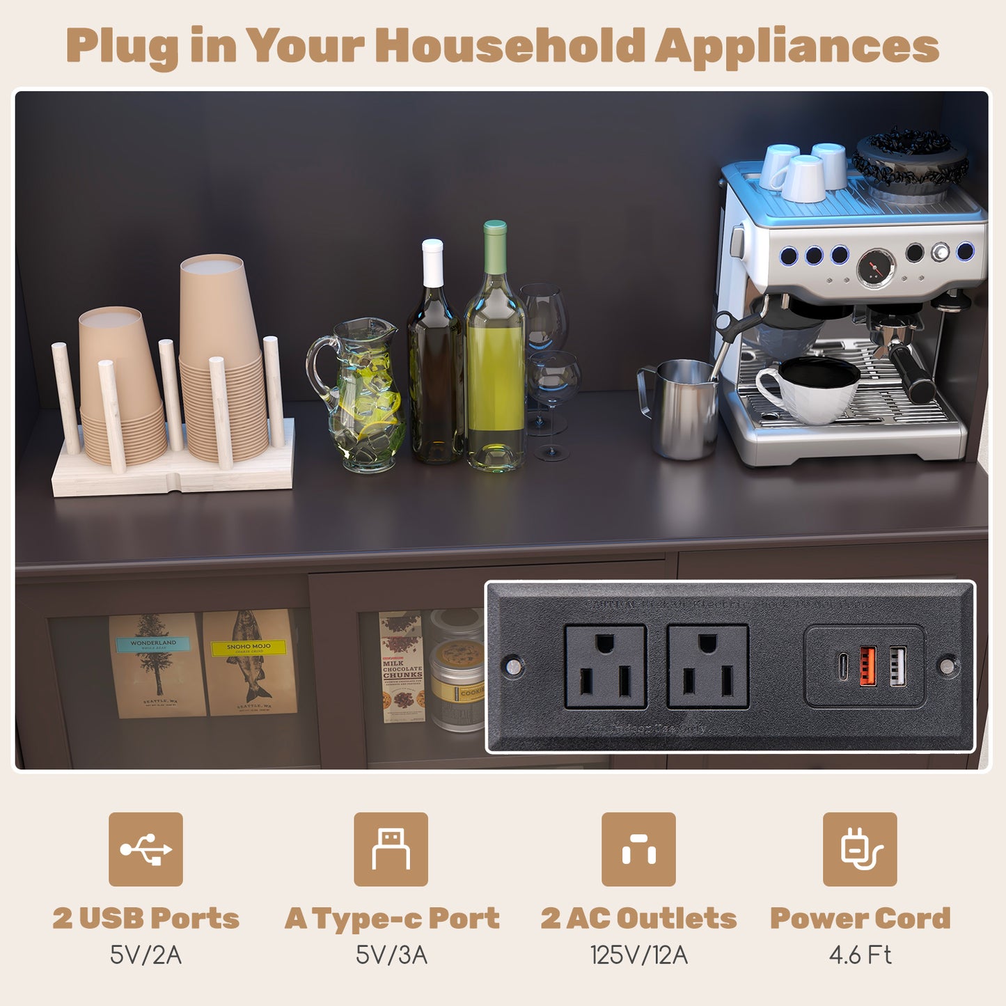 Kitchen Pantry Storage Cabinet Kitchen Hutch with LED lights and Power Outlet, Deep Brown Sideboards Cabinets & Buffets at Gallery Canada