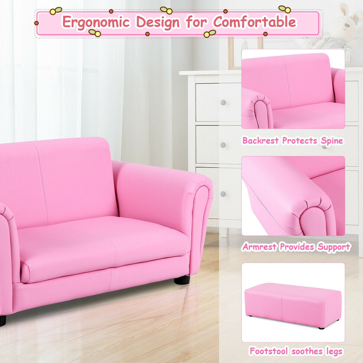 Soft Kids Double Sofa with Ottoman, Pink Kids Chairs & Seating at Gallery Canada