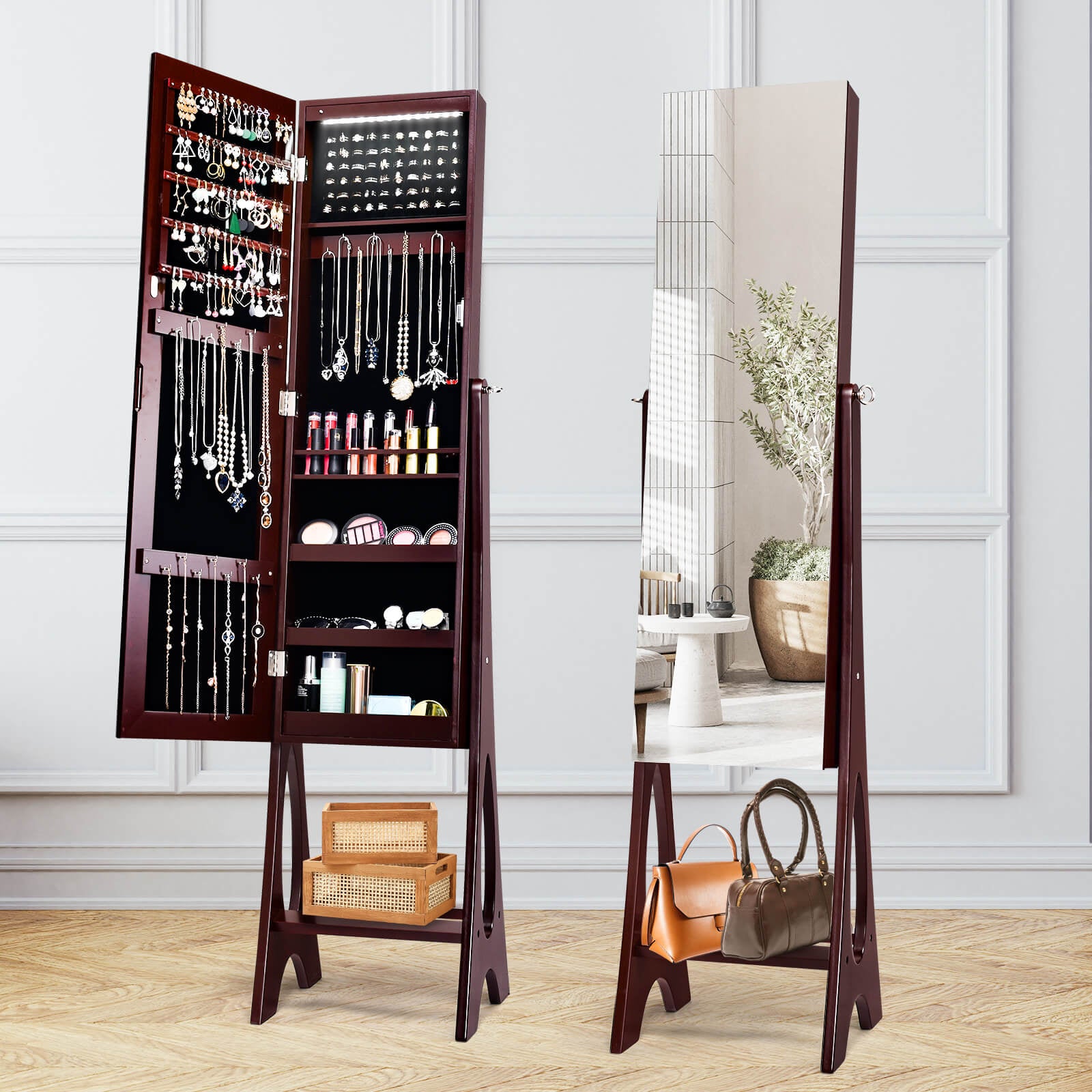 Standing Mirror Jewelry Cabinet, Brown Jewelry Armoires at Gallery Canada