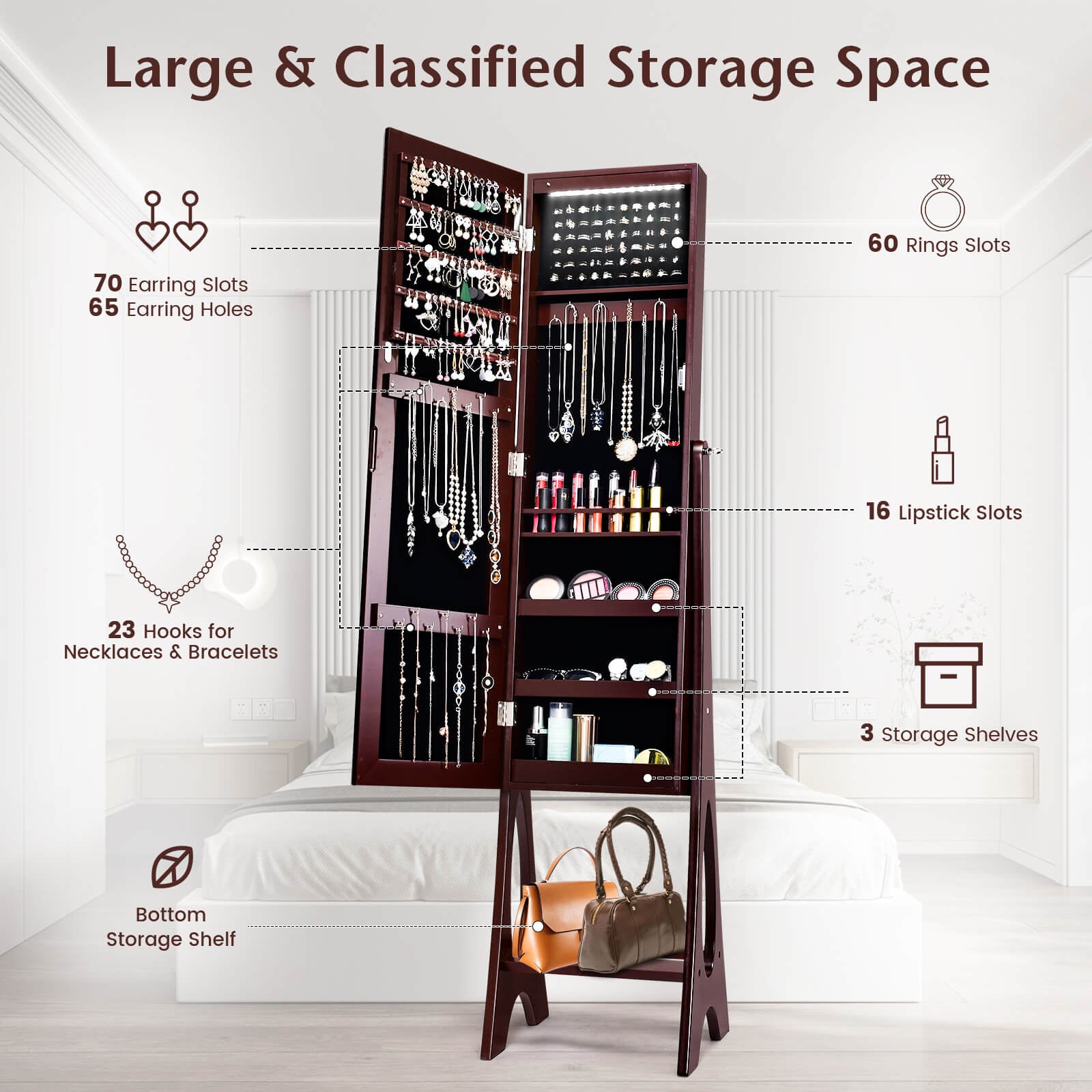 Standing Mirror Jewelry Cabinet, Brown Jewelry Armoires at Gallery Canada