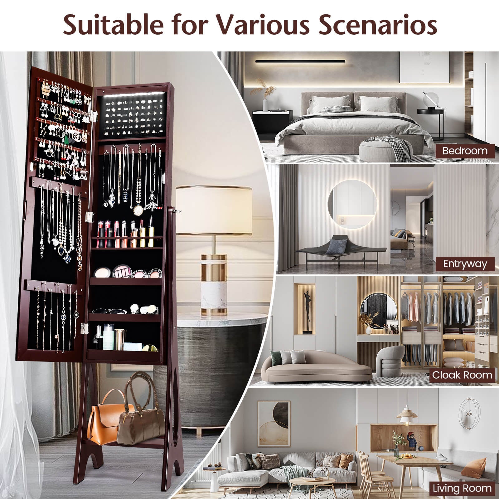 Standing Mirror Jewelry Cabinet, Brown Jewelry Armoires at Gallery Canada