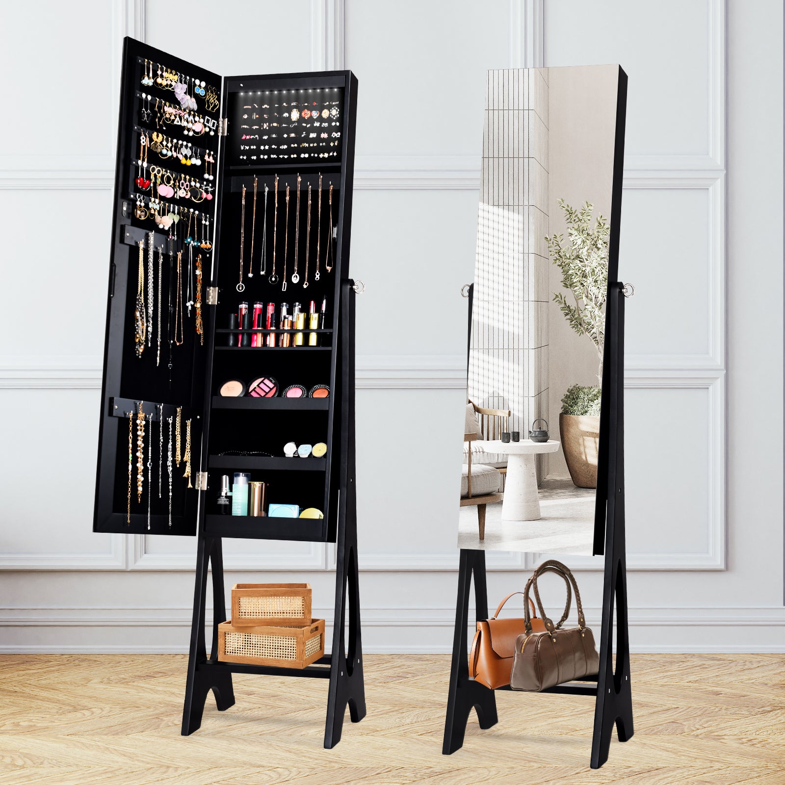 Standing Mirror Jewelry Cabinet, Black Jewelry Armoires at Gallery Canada