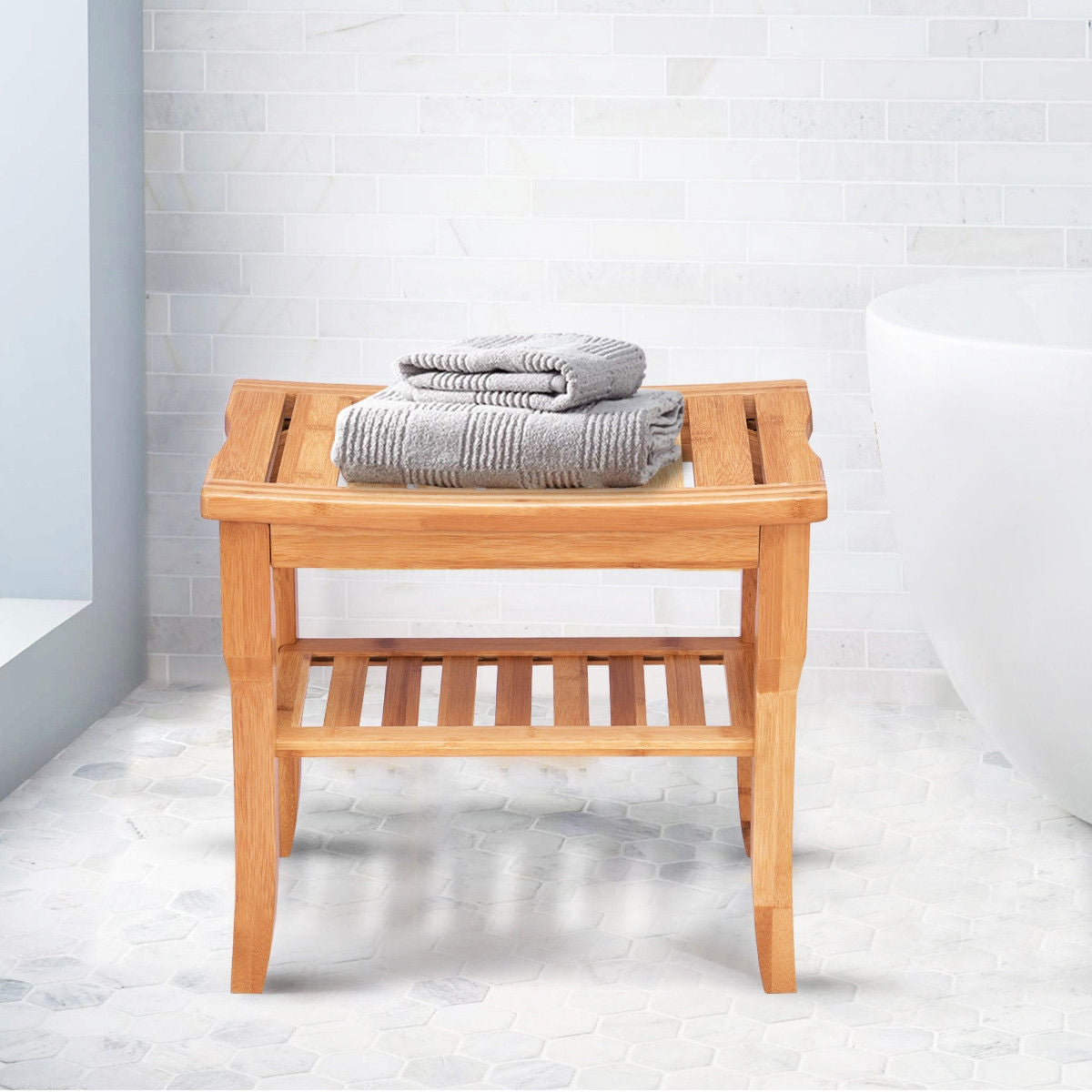 Bathroom Bamboo Shower Chair Bench with Storage Shelf, Natural Bath Safety at Gallery Canada