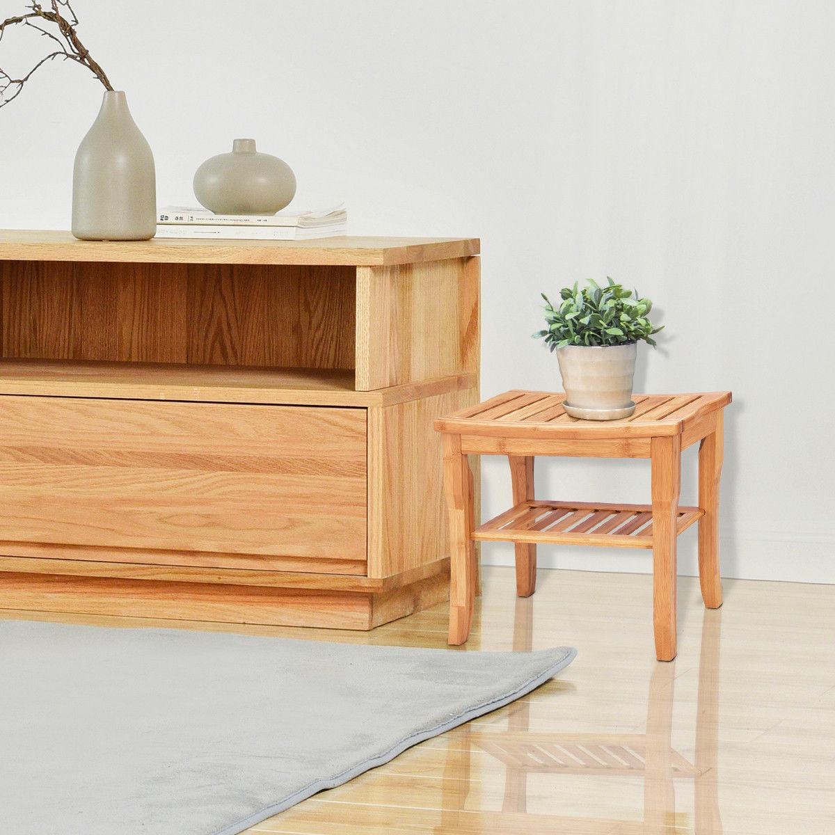 Bathroom Bamboo Shower Chair Bench with Storage Shelf, Natural Bath Safety at Gallery Canada