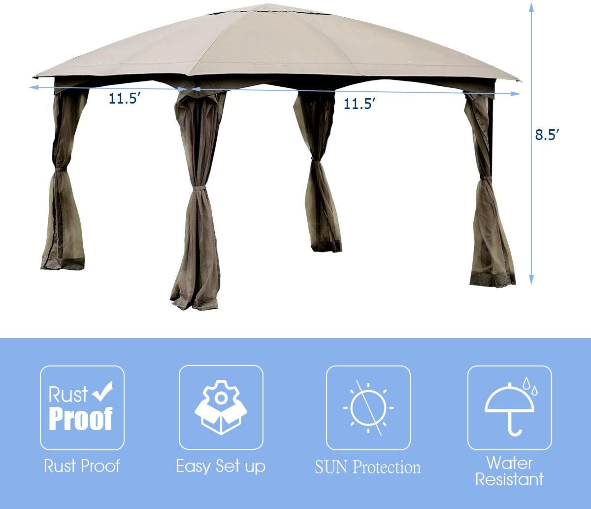 11.5 x 11.5 Feet Fully Enclosed Outdoor Gazebo with Removable 4 Walls, Brown Gazebos at Gallery Canada