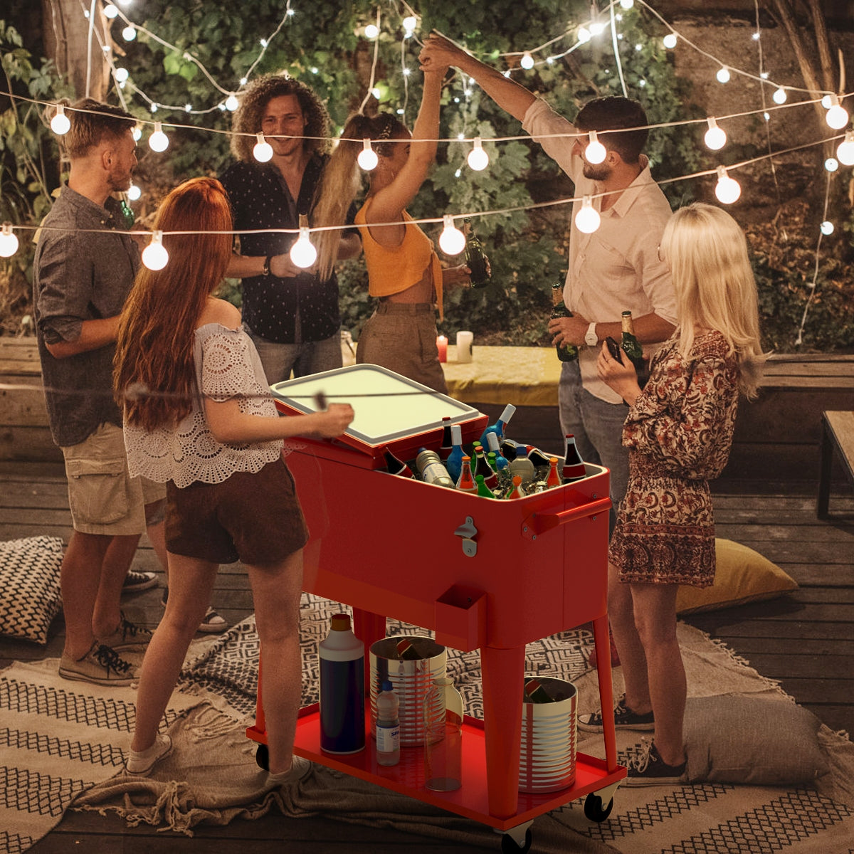 80 Quart Outdoor Patio Rolling Steel Construction Cooler, Red Patio Bar Furniture at Gallery Canada