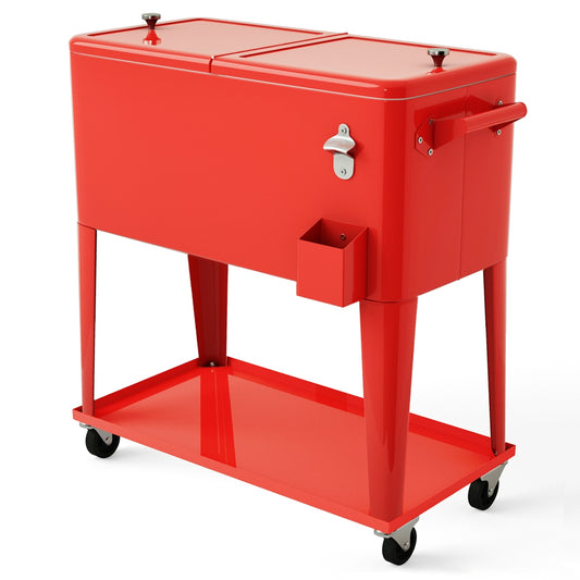 80 Quart Outdoor Patio Rolling Steel Construction Cooler, Red