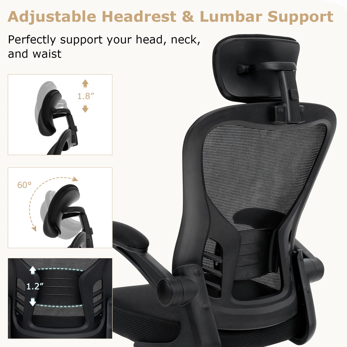 Chaise de bureau ergonomique en mesh, hauteur réglable, noir