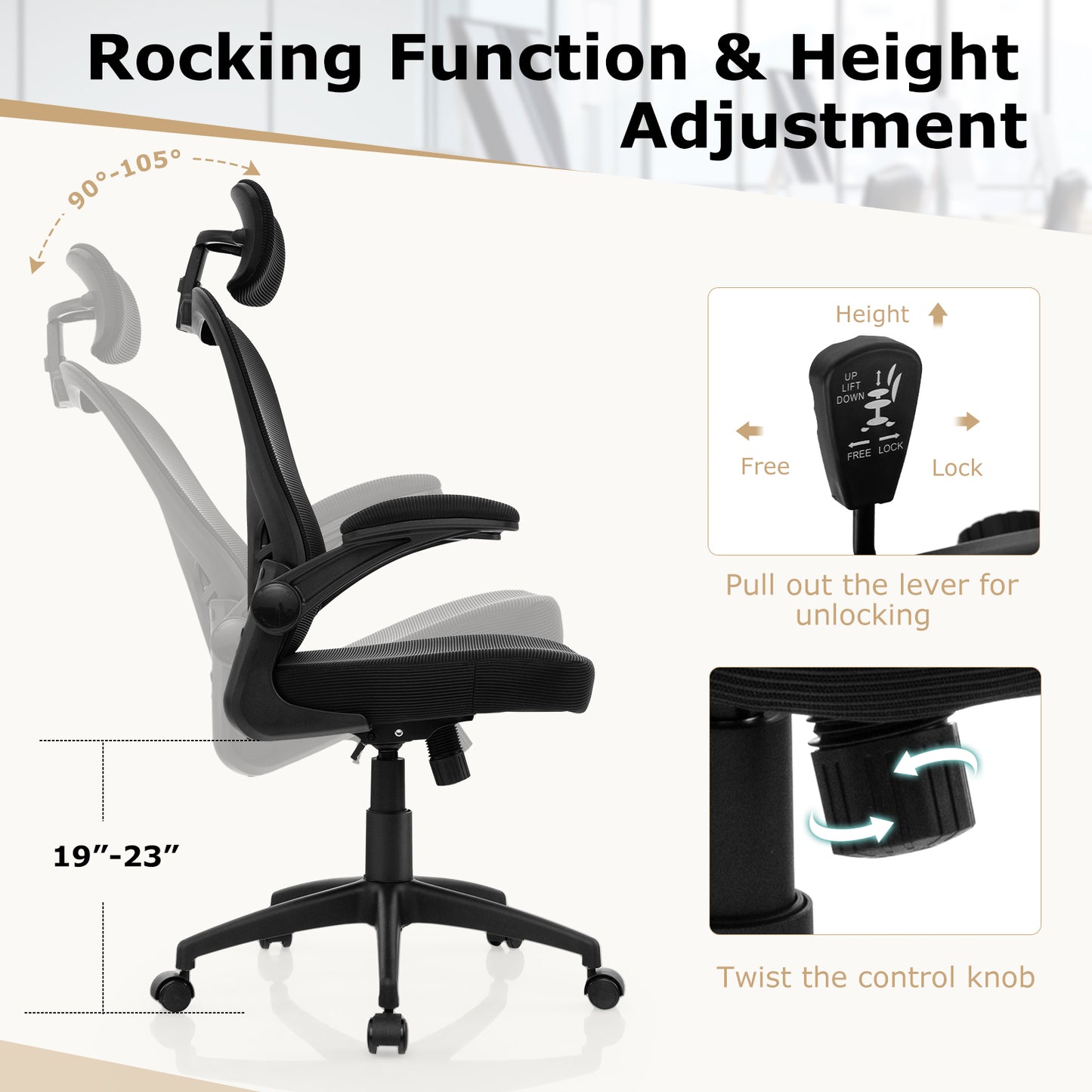 Chaise de bureau ergonomique en mesh, hauteur réglable, noir
