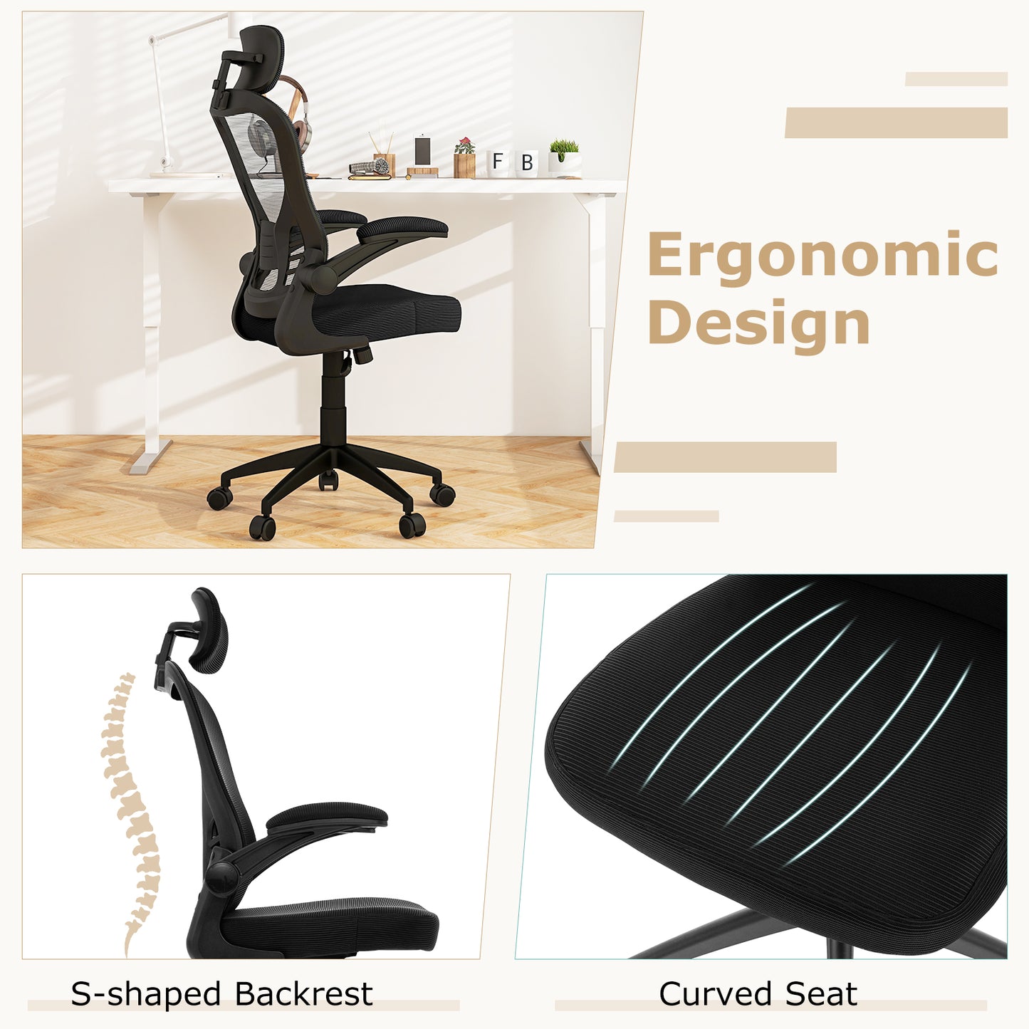Chaise de bureau ergonomique en mesh, hauteur réglable, noir