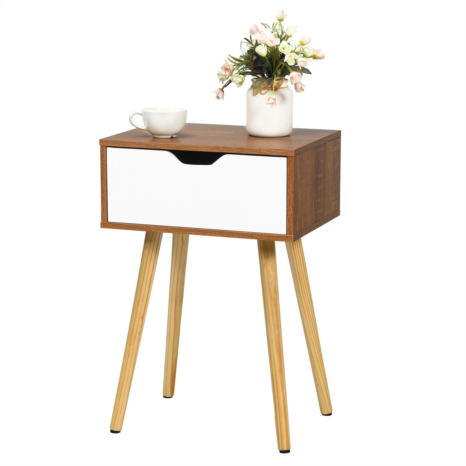 End Side Storage Drawer Nightstand with Solid Wooden Leg, Brown Nightstands at Gallery Canada