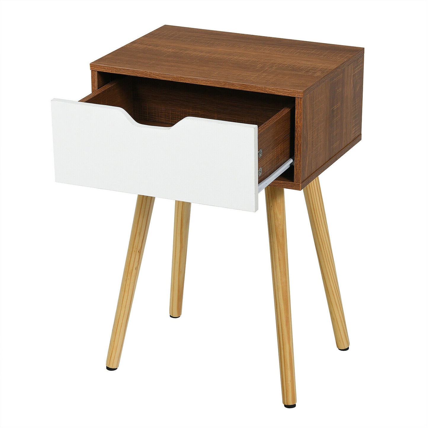 End Side Storage Drawer Nightstand with Solid Wooden Leg, Brown Nightstands at Gallery Canada