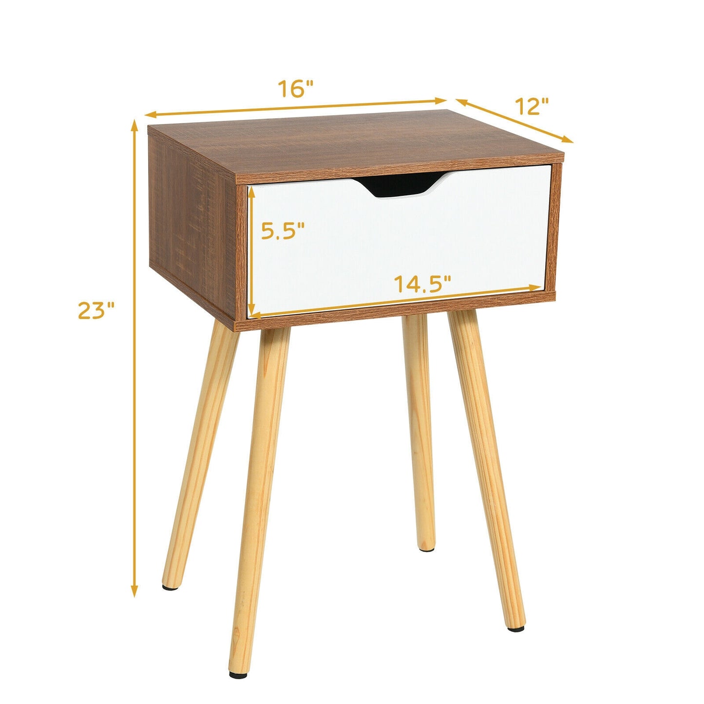 End Side Storage Drawer Nightstand with Solid Wooden Leg, Brown Nightstands at Gallery Canada