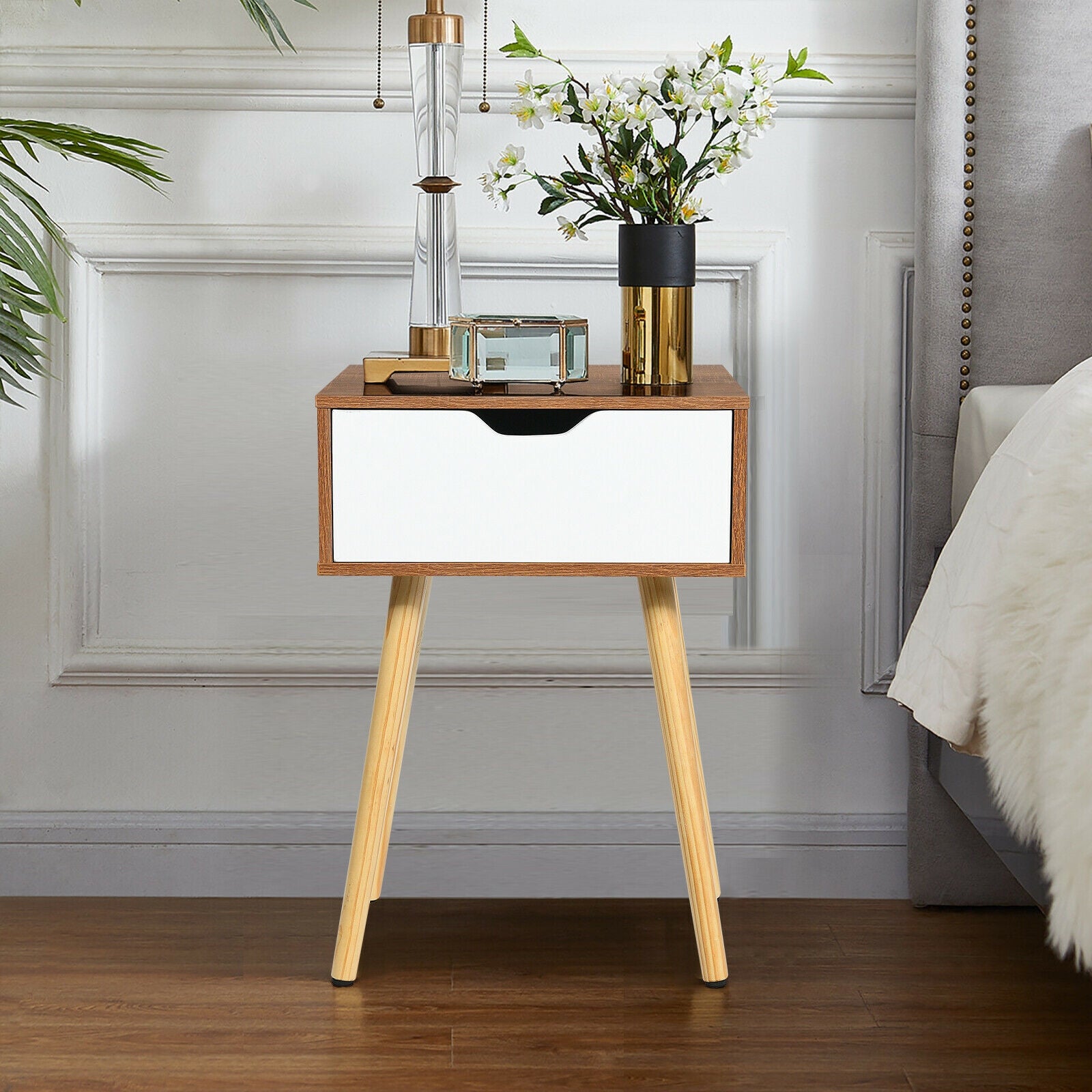 End Side Storage Drawer Nightstand with Solid Wooden Leg, Brown Nightstands at Gallery Canada