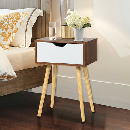 End Side Storage Drawer Nightstand with Solid Wooden Leg, Brown Nightstands at Gallery Canada