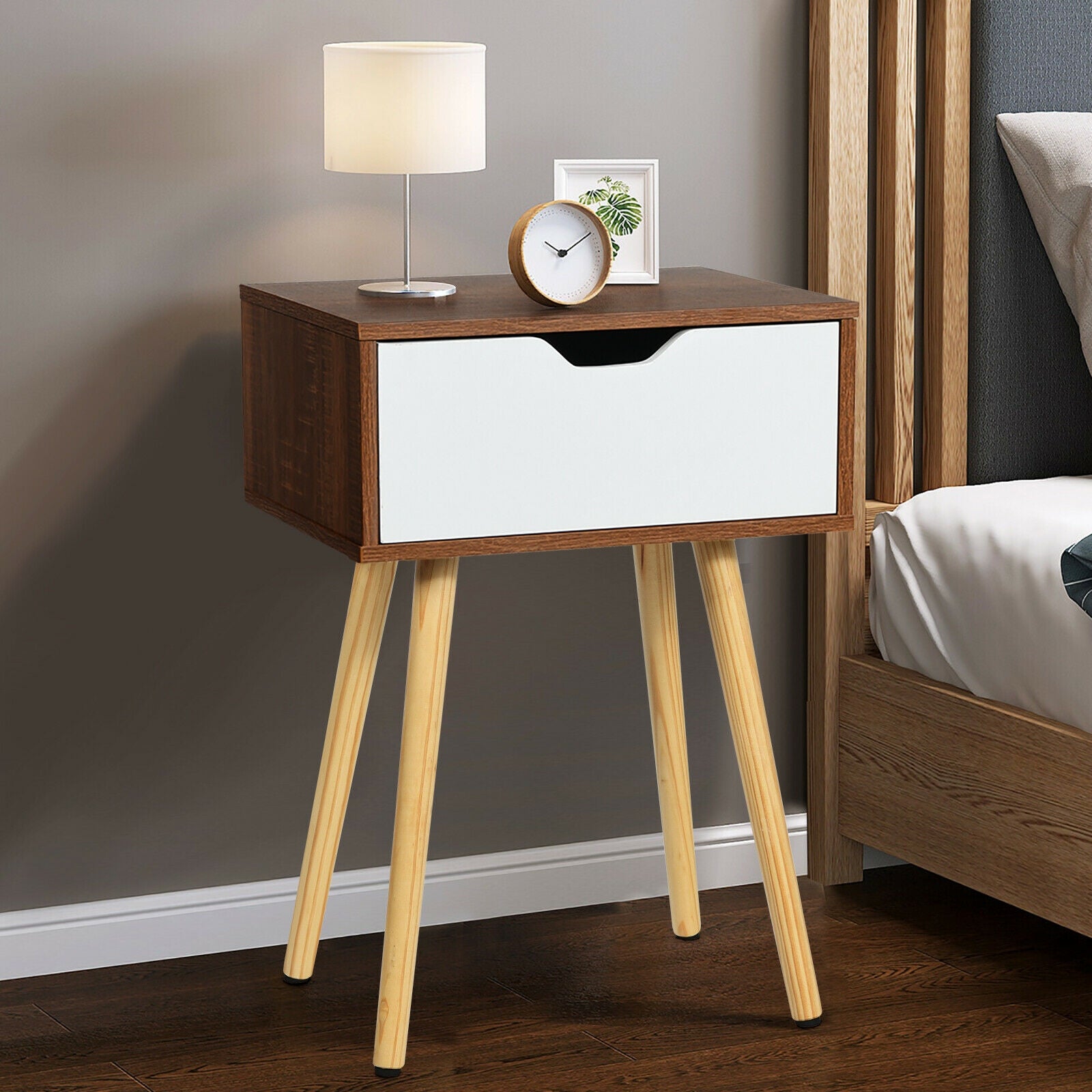 End Side Storage Drawer Nightstand with Solid Wooden Leg, Brown Nightstands at Gallery Canada